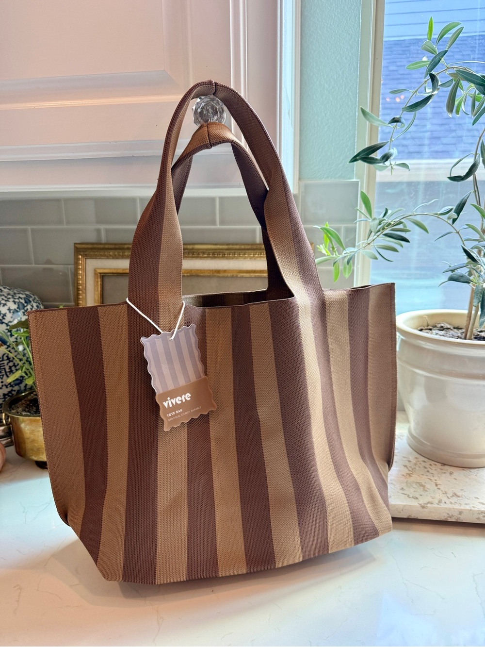 Brown Striped Canvas Tote Bag